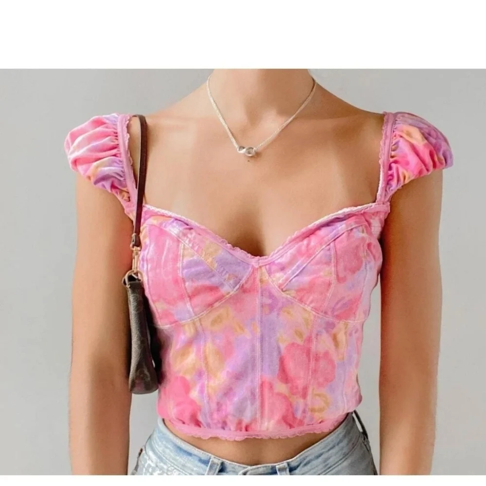 NWT Free People Get Physical Pink Floral Crop Top & Short Set Large